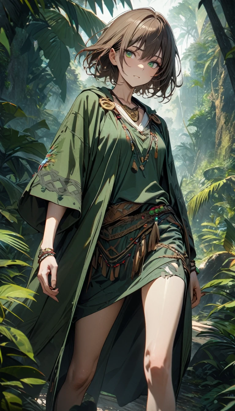 adult male, skinny, long brown hair, green eyes, green druid robe, jungle, Maya accessories, Masterpiece, best quality, Full HD, 8k, ultra details, great graphic