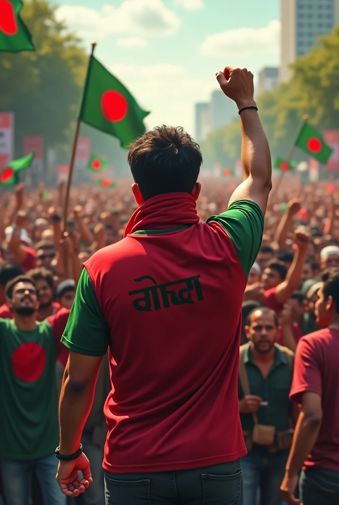 A 25-year-old boy will stand wearing a red cloth on his face and wearing a red and green shirt. He will raise his right hand and make a vigorous movement the name মুগ্ধ on the back of the shirt. A large crowd will stand in front of him with raised hands and will protest vigorously, some people will have the Bangladesh flag in their hands