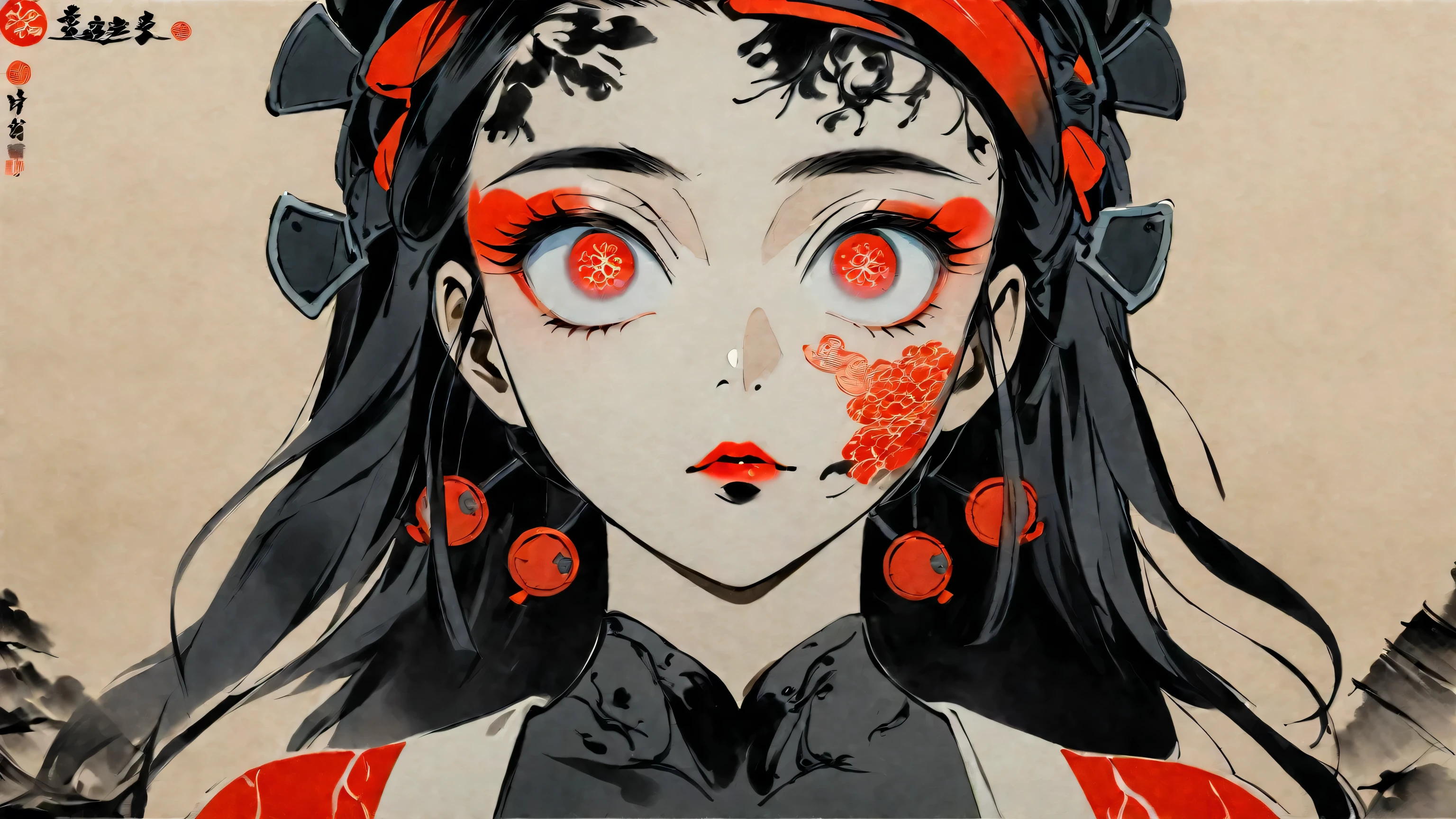 (((Ink painting))), Colorful fashion pictures, (((1 girl))), (((Tattoos on the face))), (((Great hair accessories))), Japanese style headphones, Face up close, Japanese beautiful girl, Black hair, Sensitive and precise, Modern Ukiyo-e style