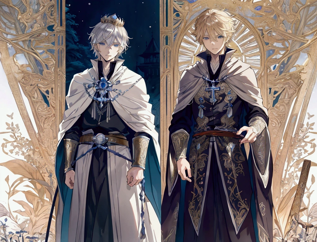 (Masterpiece), ((Highest Quality)),(Official Art),Dark epic:1.2),(1 Male anime boy: 1.3), A cold, emotionless winter king with short straight golden blonde hair, blue eyes, layered intricate silver and white royal robe, holy cross and religious patterns, ornate large crown, ornate sword, standing in a snowfield filled with blades. Detailed drawing. Detailed eyes. Masculine jaws. Soft fairytale picture book, Arthur Rackham. Colorful, best detailed ((super detailed)), (highly detailed 2D anime boy illustration), ((magical and beautiful))