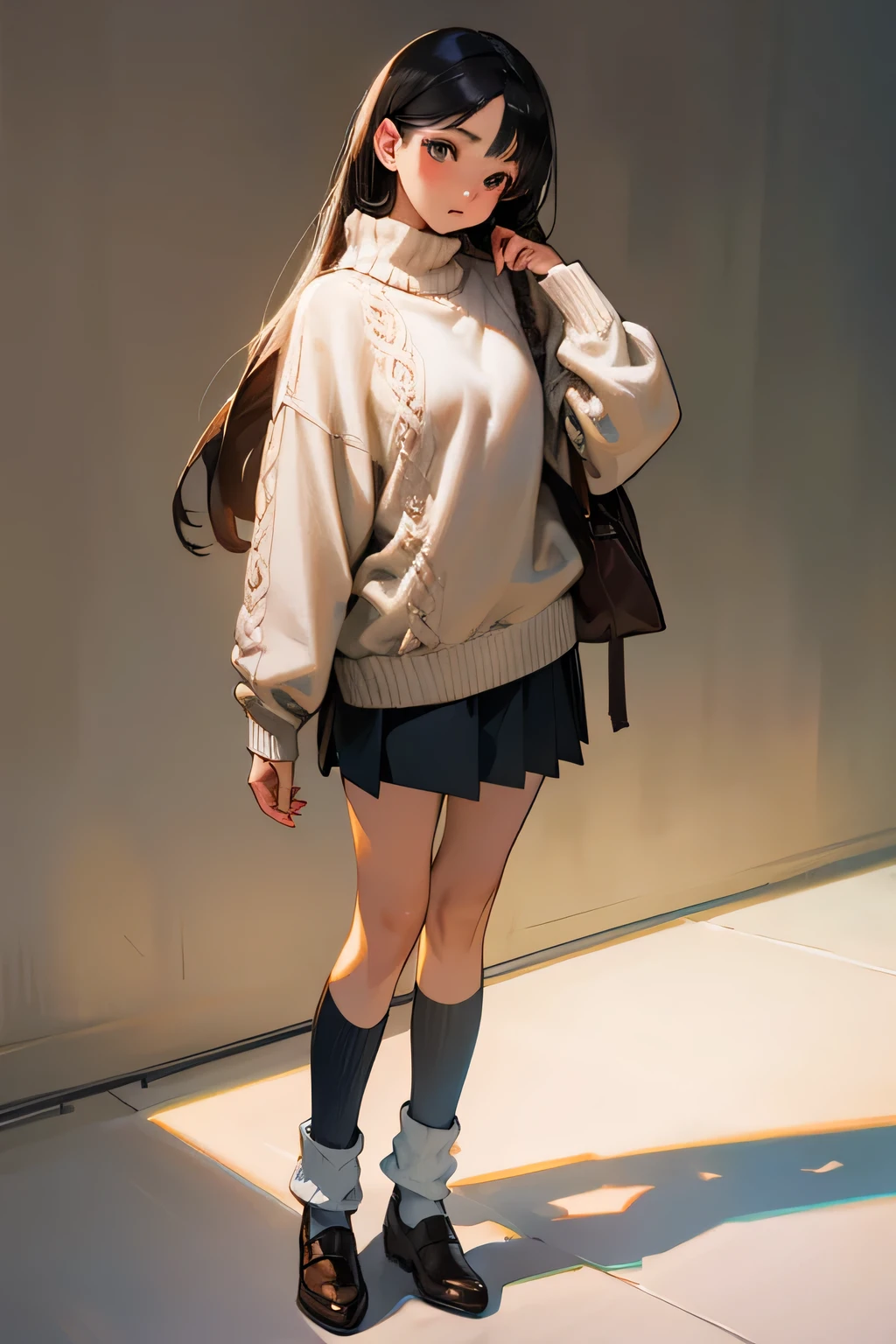 Shy girl in sweater skirt socks Long socks realistic full bodyLong sweater 