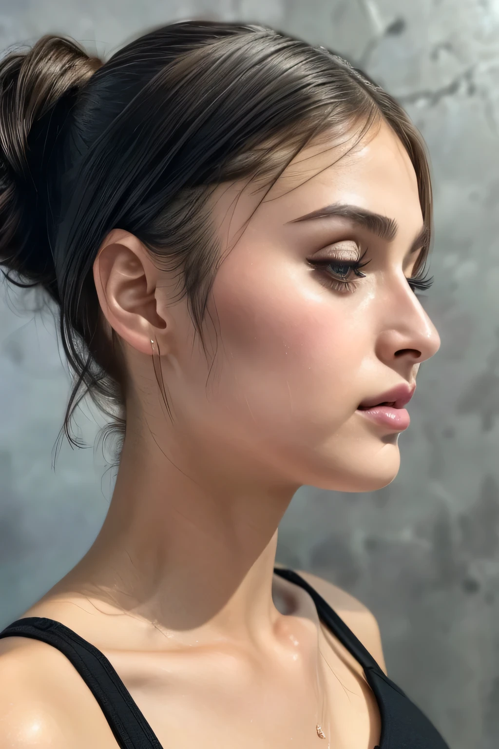 Taylor Hill、High resolution realistic photos,8k,Realistic skin texture,to be born々New People々々々々,1 girl,Tabletop,,Awards - Winning Photos, Very detailed, Close your eyes, Nose and mouth,Face Focus, Extreme close up of face、Woman with open mouth and closed eyes, Black camisole、20-year-old,Black-haired、Symmetrical face,Realistic nostrils、Angle from below、Elongated C-shaped nostrils,((Gray background))、Sweaty skin、Lighting that highlights glowing skin caused by sweat、((Sharp Nose))Skin shiny with sweat、Glowing Skin、Sweaty hair、sunlight、(Brow wrinkles)((Frowning))、((Thin eyebrows))((Oily skin、Glowing Skin))、double eyelid、Tied Hair、updo、Lift your head((Super wet skin))(((Profile with a wide nasal septum,nasal septum,profile)))