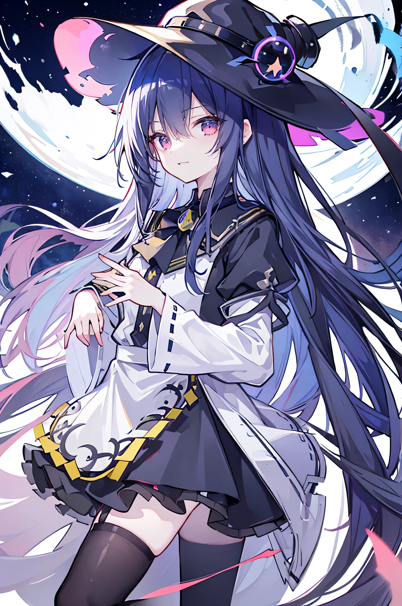 oung Girls,Humanity,A magician always smiles,big witch hat,cute,dark blue long hair,The eyes are dull,The bangs are heavy,Thin eyebrows,fantasy,intake,Double teeth,Star Theme,Constellation pattern,Solid color clothetal decoration,cloak,A bit of a dark atmosphere,A little crazy smile,When the big moon shines outside at night,blood,Hair black star embellishment,Short tie,No nails,High waist skirt,Bell sleeves,Long-sleeved shirt,Black tie,low risk,gentlemen。Mist、Yellow and white effect,Shocking pink as an accent color