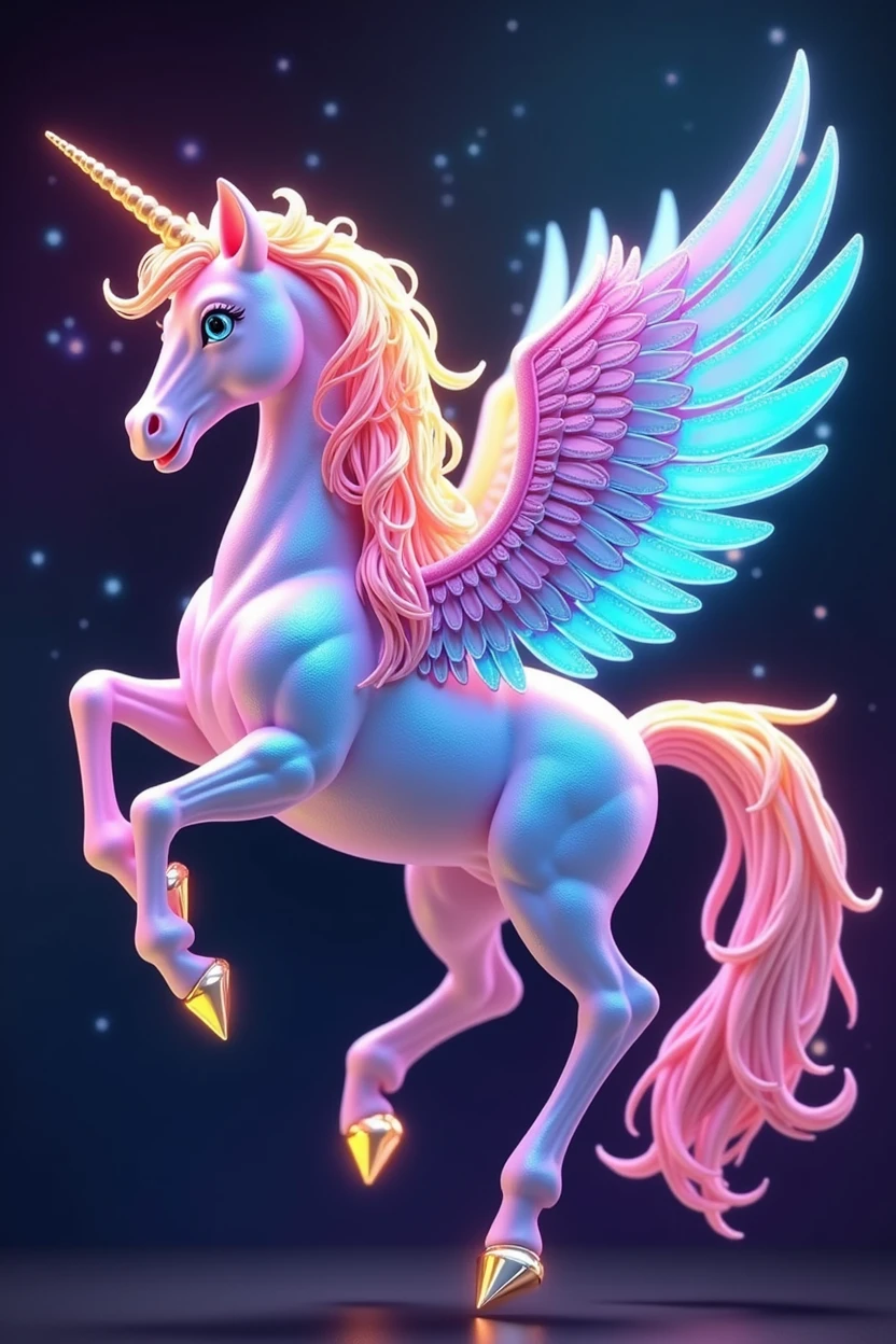 Rainbow Shiny Chrystal prism Pegasus with open wings, galaxy background 
