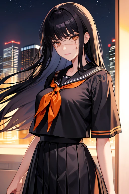 (night Mitaka)、uniform、(Big scar on face).Cool Beauty、Long black hair、Triumphant Face、skinny、From the waist up、(night)、Sailor suit、(Orange eyes).