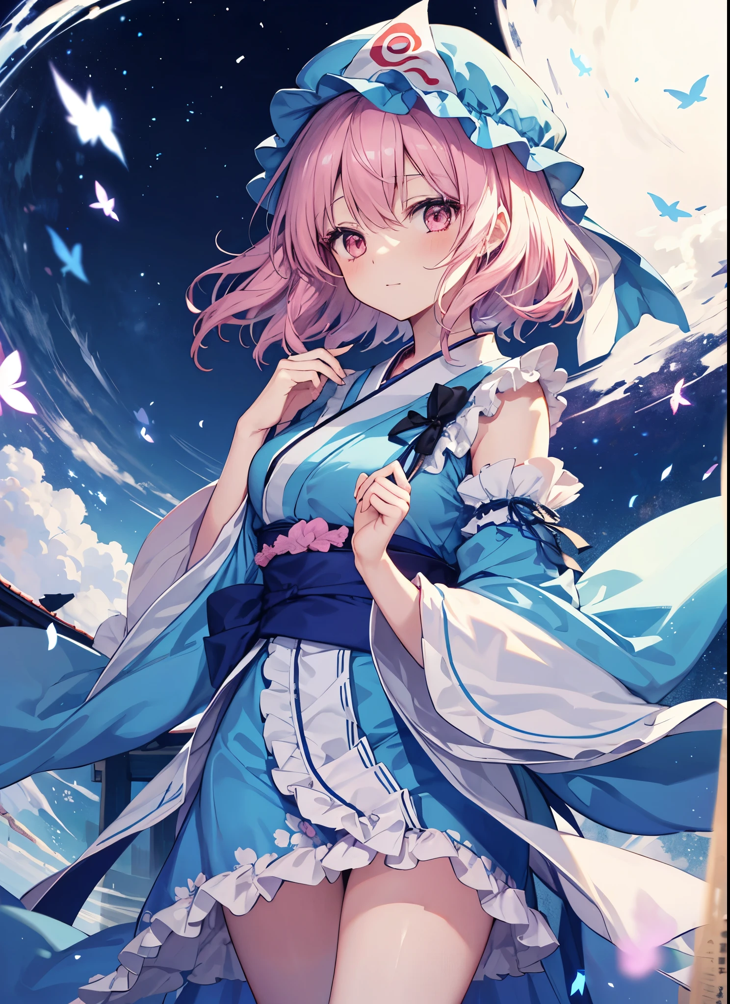 {best quality}, {masterpiece}, saigyouji yuyuko, blue sash, blue kimono, {{sakura print}}, frills, long sleeves, hat, cowboy shot,black ribbon