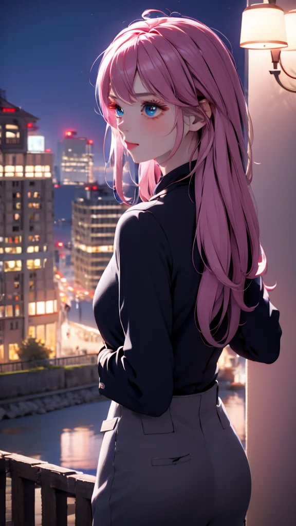a woman in a suit, looking down at viewer with sharp eyes, she is smoking a cigarette, hands are in the trouser pocket, beautiful, pink eyes, white long twintail hair, side view