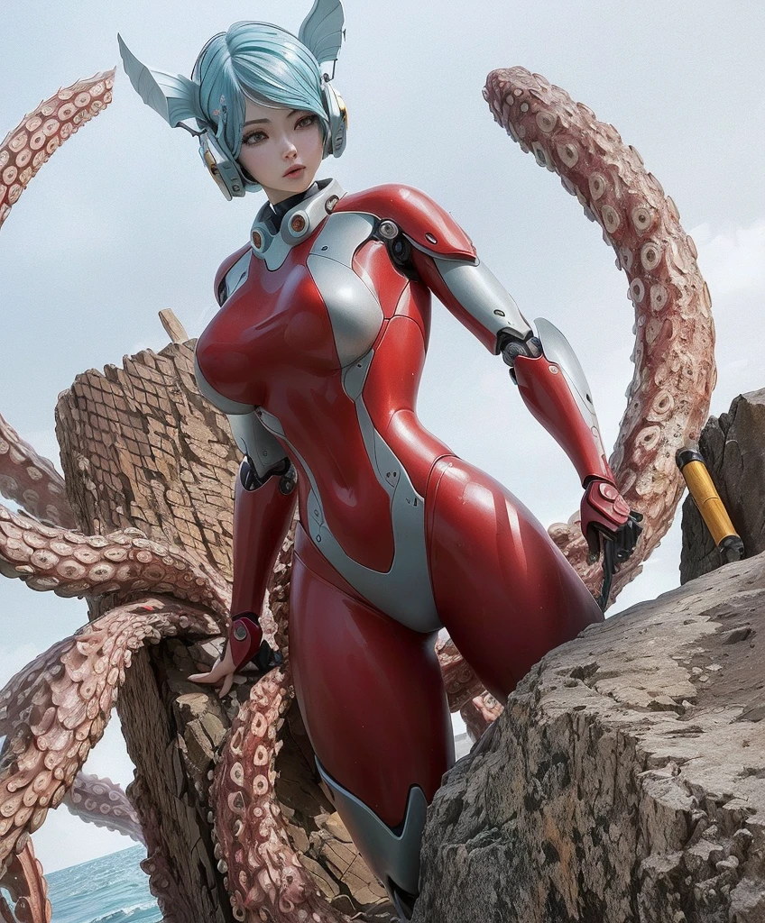 There is a statue of a woman in a red suit standing on a rock, Fine details. Japanese cartoons. Tentacles, covered with Tentacles, Tentacles around, teths and Tentacles, many suckered Tentacles. Hybrids, Beautiful octopus woman, Robot octopus, Mermaid with laser whip, Tentacles兽, Feminine body