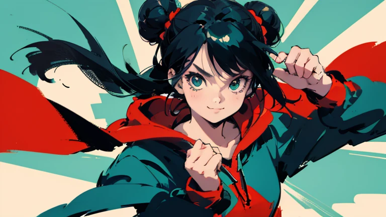 Generate an illustration in a retro, 1980s anime style. A young girl with black hair styled in double buns, wearing a red hoodie, poses with her hands up near her face. Her large, expressive eyes gaze forward with a slight smile. The background is a simple, solid teal color, and the overall style is inspired by modern anime art.