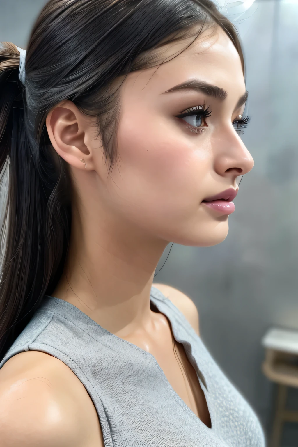 Taylor Hill、High resolution realistic photos,8k,Realistic skin texture,to be born々New People々々々々,1 girl,Tabletop,,Awards - Winning Photos, Very detailed, Close your eyes, Nose and mouth,Face Focus, Extreme close up of face、Woman with open mouth and closed eyes, Black camisole、20-year-old,Black-haired、Symmetrical face,Realistic nostrils、Angle from below、Elongated C-shaped nostrils,((Gray background))、Sweaty skin、Lighting that highlights glowing skin caused by sweat、((Sharp Nose))Skin shiny with sweat、Glowing Skin、Sweaty hair、sunlight、(Brow wrinkles)((Frowning))、((Thin eyebrows))((Oily skin、Glowing Skin))、double eyelid、Tied Hair、updo、Lift your head((Super wet skin))(((Profile with a wide nasal septum,nasal septum,profile)))