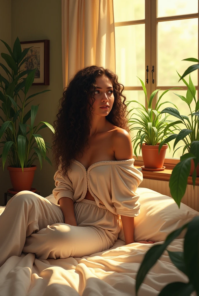 (photorealism:1.2), beautiful woman, sitting on bed, wearing loose off-shoulder top, pajama pants, long curly hair, indoors, soft lighting, plants in background, window with sunlight, cozy room, relaxed pose, realistic, intricate details, warm colors, by Greg Rutkowski, by Alphonse Mucha
