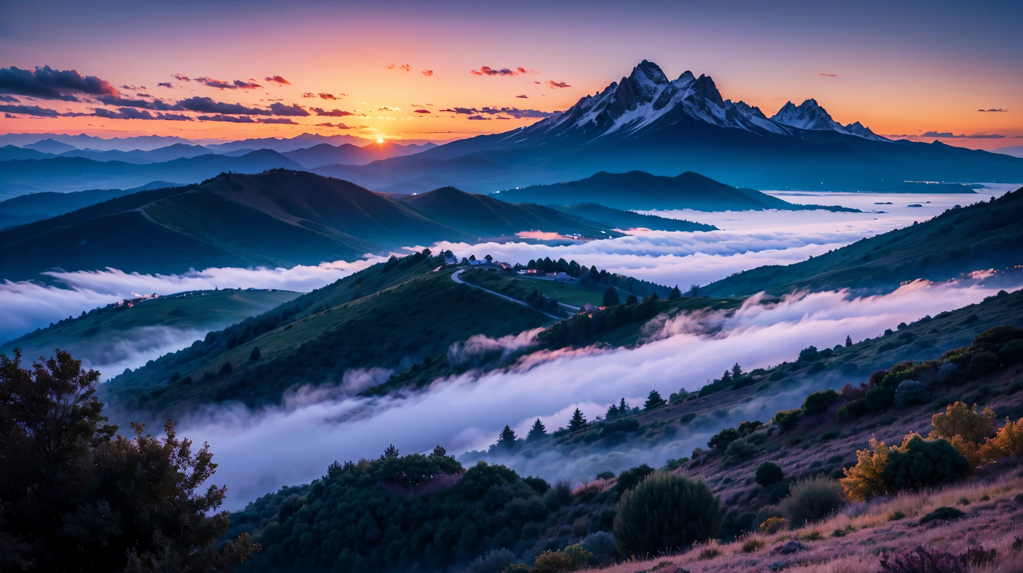 Beautiful view of the mountains, Orange and purple clouds at sunset, Enchanting and magical.