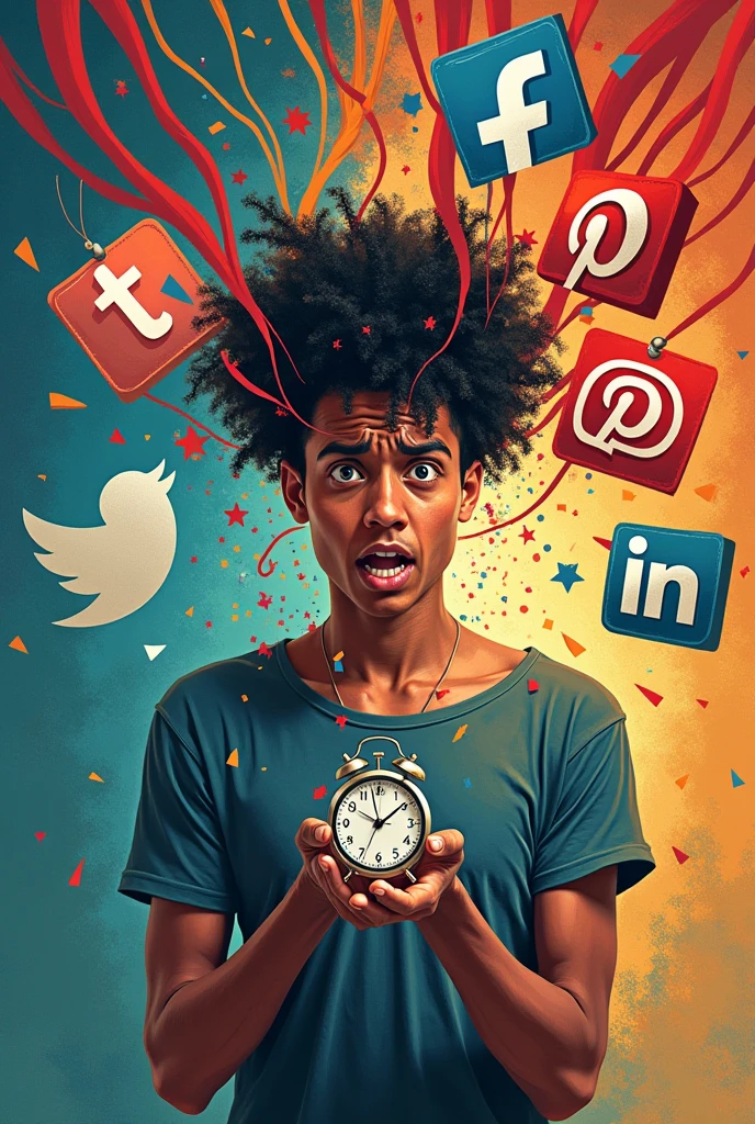 person holding a clock or hourglass while being pulled in different directions by various social media icons (like the logos of Facebook, Instagram, Twitter, etc.). The background could be a mix of vibrant colors and chaotic lines representing the overwhelming noise of social media. The person's face  is distracted and overwhelmed.