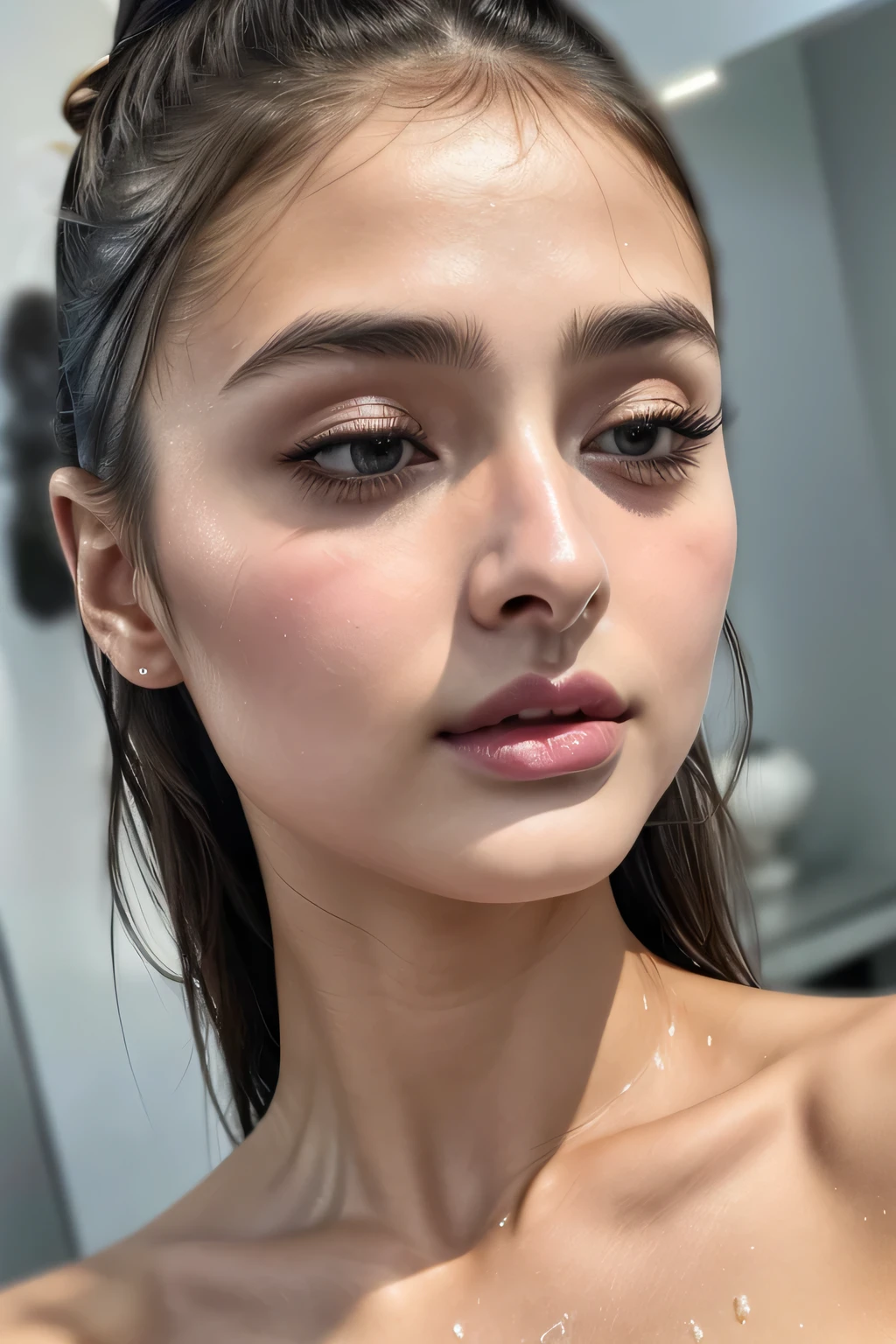 Taylor Hill、High resolution realistic photos,8k,Realistic skin texture,to be born々New People々々々々,1 girl,Tabletop,,Awards - Winning Photos, Very detailed, Close your eyes, Nose and mouth,Face Focus, Extreme close up of face、Woman with open mouth and closed eyes, Black camisole、20-year-old,Black-haired、Symmetrical face,Realistic nostrils、Angle from below、Elongated C-shaped nostrils,((Gray background))、Sweaty skin、Lighting that highlights glowing skin caused by sweat、((Sharp Nose))Skin shiny with sweat、Glowing Skin、Sweaty hair、sunlight、(Brow wrinkles)((Frowning))、((Thin eyebrows))((Oily skin、Glowing Skin))、double eyelid、Tied Hair、updo、Lift your head((Super wet skin))(((Profile with a wide nasal septum,nasal septum,profile)))