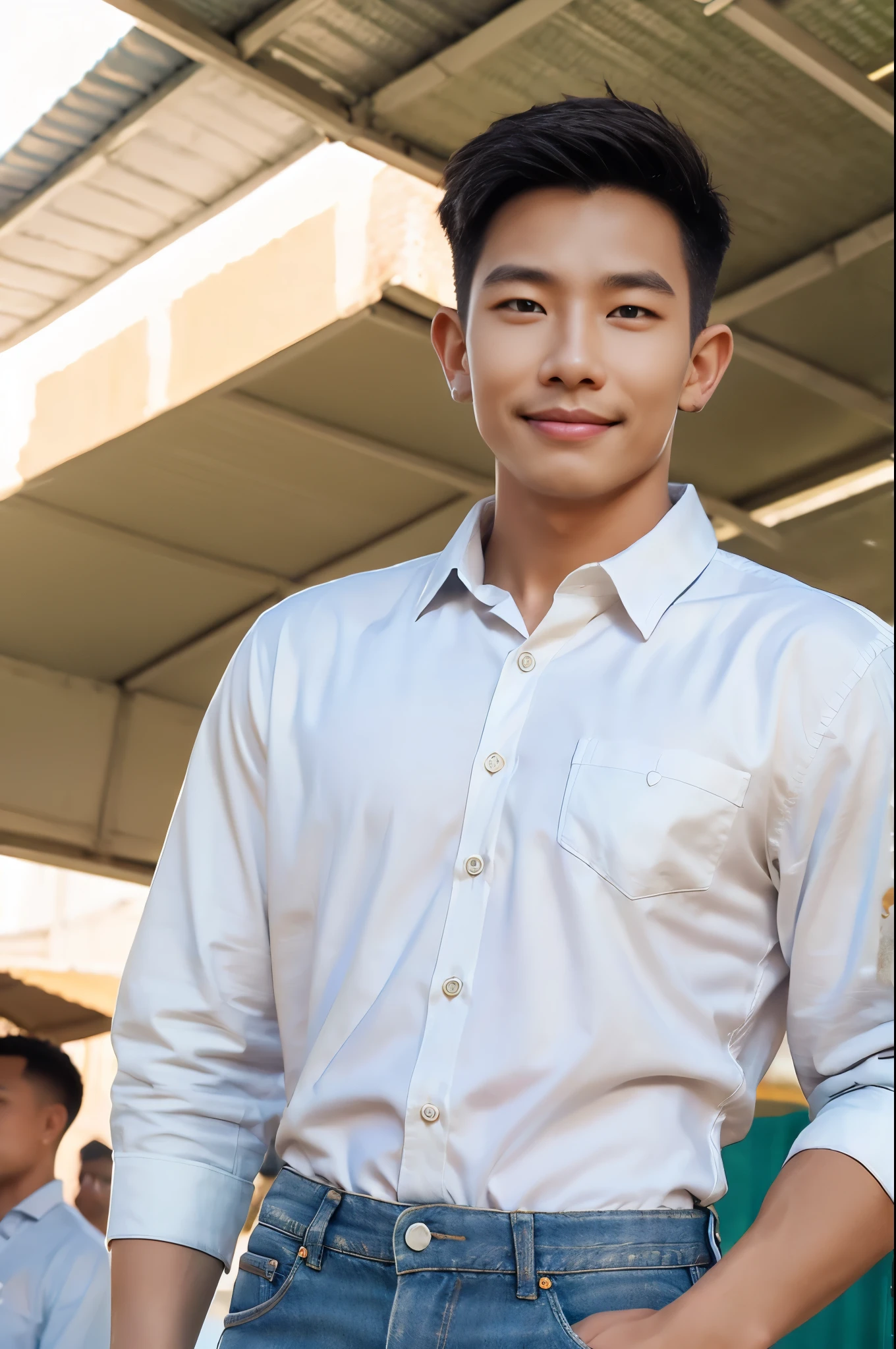 afmface ,Handsome young man smiles, showing teeth, selling merchandise, (have a mustache:1) ,(buzz cut:1.1), (short hair:1.2), The forearms are muscular.,  (Wear a tight white button-up collared shirt.:1.6), (Jeans:1.5), Big muscles, Handsome and muscular, full body angle, (outdoor market:1.3), natural light