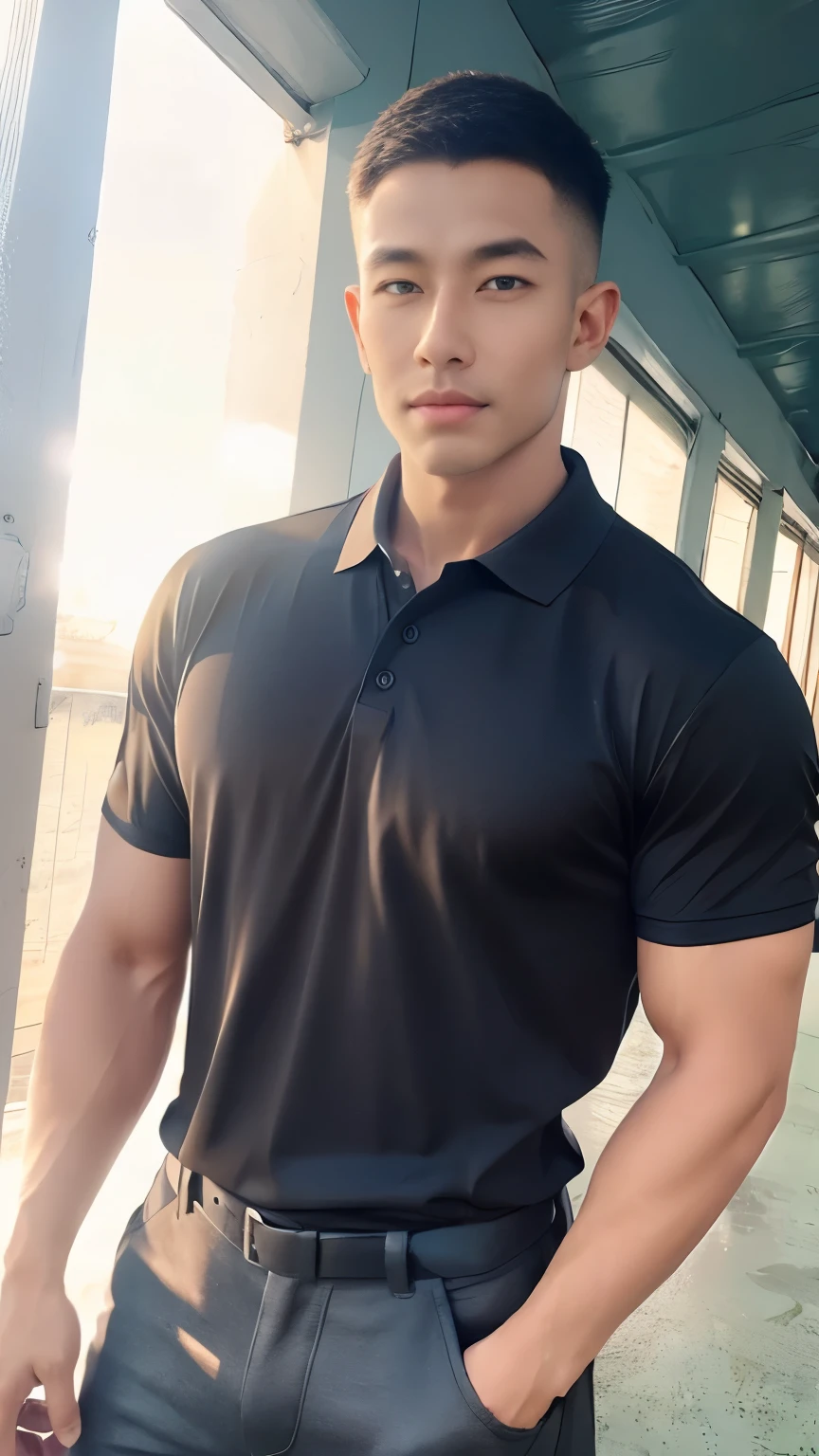 armface , Handsome young man standing, (have a mustache:1) ,(buzz cut:1.1), (short hair:1.2), The forearms are muscular., (Tight T-shirt:1.5),(black polo shirt:1.5), Jeans, Big muscles, Handsome and muscular, full body angle, (Fitness:1.1), natural light 