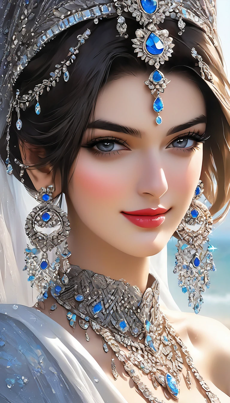 , inspired by Emma Andijewska, draped in crystals, silver color, long earrings, sandra chevier, huge earrings, blue-eyed, platinum jewellery, earring, flawless structure, silver earring,  , a woman, Kriti Sanon, outdoors, realistic skin texture, smiling,   post-processing, Maximum texture, masterpiece, ultra-detailed, photorealistic, realistic, real picture, hyperrealism, Sharp focus, insane details, intricate details,  full sharp, detailed face, realistic eyes,simple white stucco background  ,big hoop  earrings, makeup,white skin,sharp jawline ,big earrings, oversized earrings,big breasts,full body view , necklace, eyeliner, eyeshadow, foundation, jewelry,bangles, anklet,silky black blunt hair ,face makeup, eyeliner,red lipstick ,saree ,big breasts ,full body view