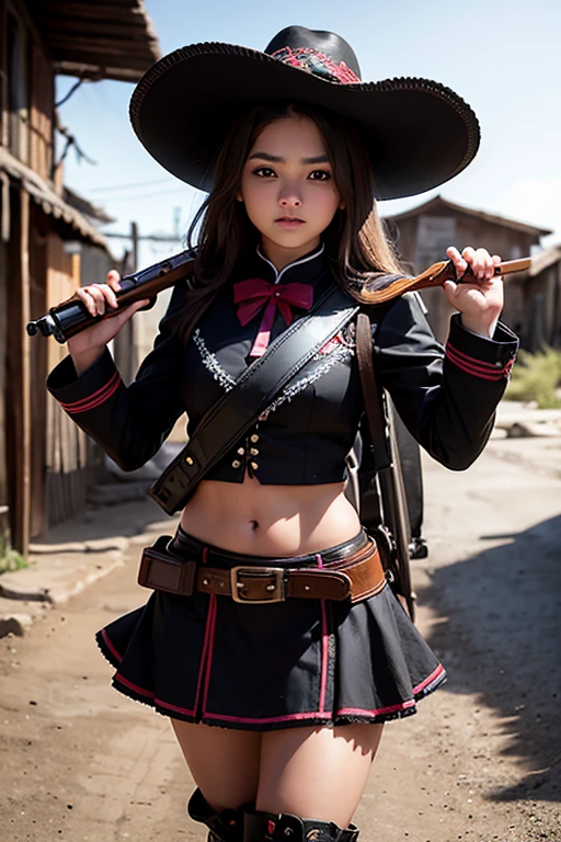 Realistic photo of extremely beautiful 12 year old girl wearing mariachi outfit and black miniskirt rancher boots with mariachi hat and armed with a shotgun in a Mexican village at midnight