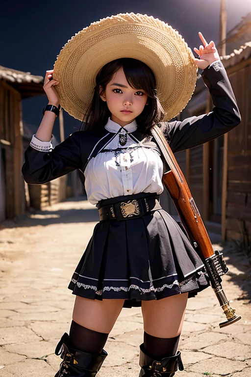 Realistic photo of extremely beautiful   girl wearing mariachi outfit and black miniskirt rancher boots with mariachi hat and armed with a shotgun in a Mexican village at midnight