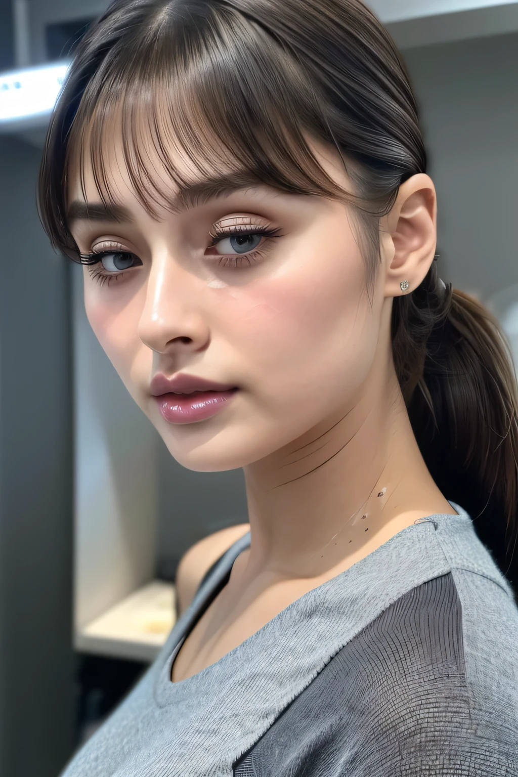 Taylor Hill、High resolution realistic photos,8k,Realistic skin texture,to be born々New People々々々々,1 girl,Tabletop,,Awards - Winning Photos, Very detailed, Close your eyes, Nose and mouth,Face Focus, Extreme close up of face、Woman with open mouth and closed eyes, Black camisole、20-year-old,Black-haired、Symmetrical face,Realistic nostrils、Angle from below、Elongated C-shaped nostrils,((Gray background))、Sweaty skin、Lighting that highlights glowing skin caused by sweat、((Sharp Nose))Skin shiny with sweat、Glowing Skin、Sweaty hair、sunlight、(Brow wrinkles)((Frowning))、((Thin eyebrows))((Oily skin、Glowing Skin))、double eyelid、Tied Hair、updo、Lift your head((Super wet skin))(((Profile with a wide nasal septum,nasal septum,profile)))