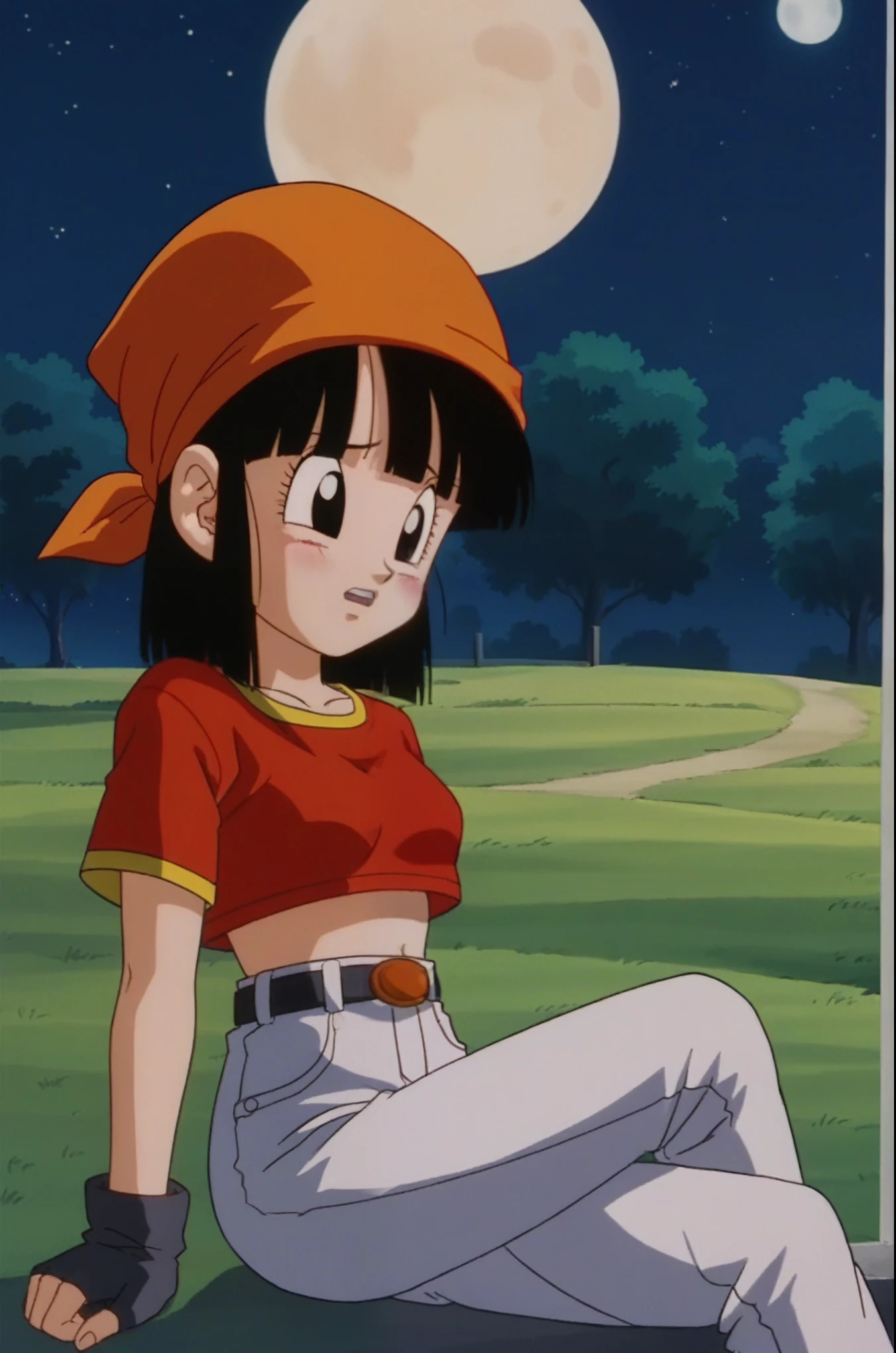 source_anime, score_9, score_8_up, score_7_up, anime screencap,
pangt, 1girl, sad, bangs, closed mouth, melancholic, lost look, blushing, brick town, stars, black hair, field, evening, full moon, moonlight, looking into space, collarbone, whole body, teeth, blunt bangs, outdoors, black eyes, eyelashes, upper teeth only, close-up, red crop top, bandana, retro artstyle, , 1990s \(style\), orange headwear, sitting, medium ass, medium breasts
