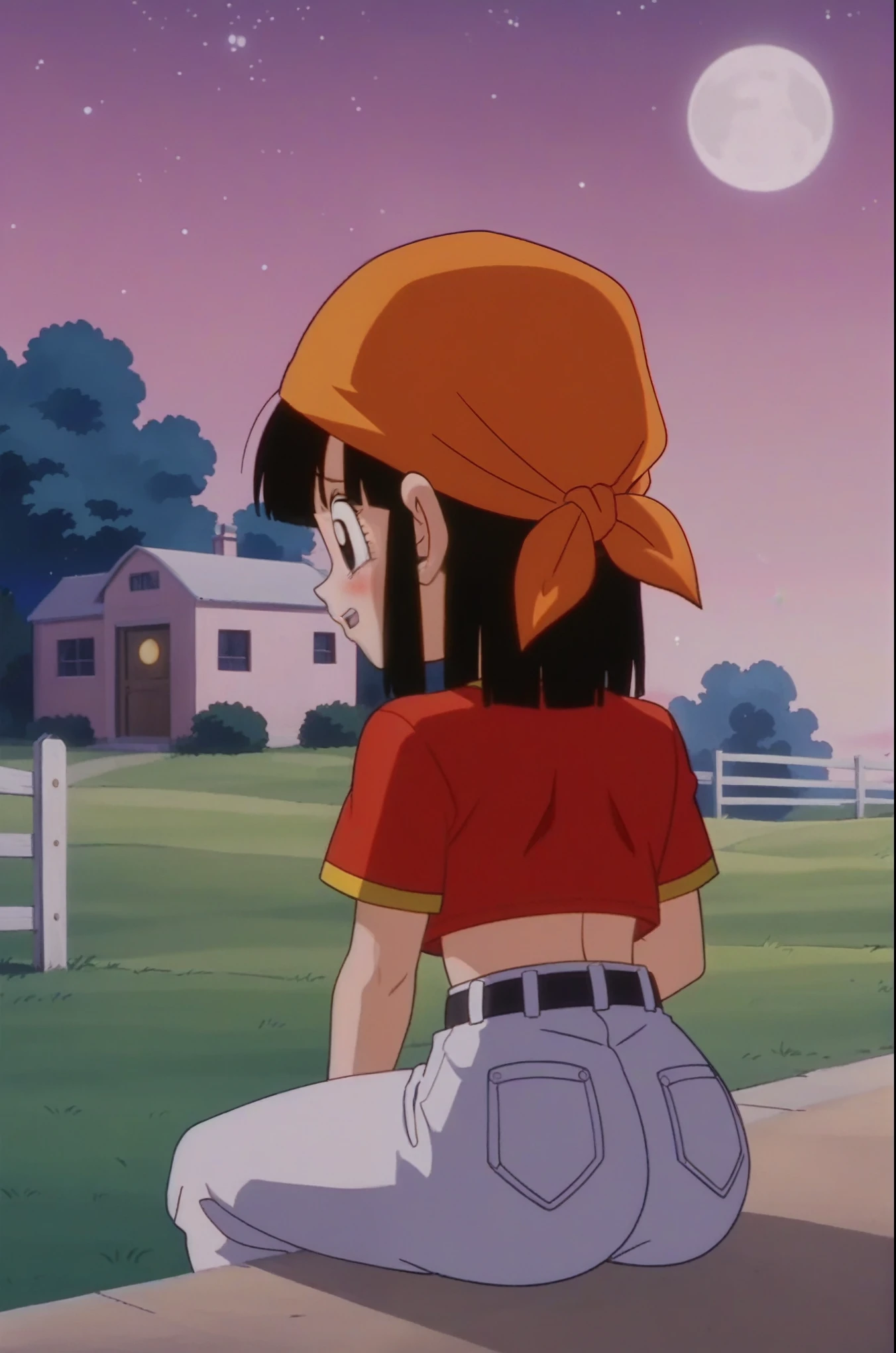source_anime, score_9, score_8_up, score_7_up, anime screencap,
pangt, 1girl, sad, bangs, closed mouth, melancholic, lost look, blushing, brick town, stars, black hair, field, evening, full moon, moonlight, looking into space, collarbone, whole body, teeth, blunt bangs, outdoors, black eyes, eyelashes, upper teeth only, close-up, red crop top, bandana, retro artstyle, , 1990s \(style\), orange headwear, sitting, medium ass, medium breasts