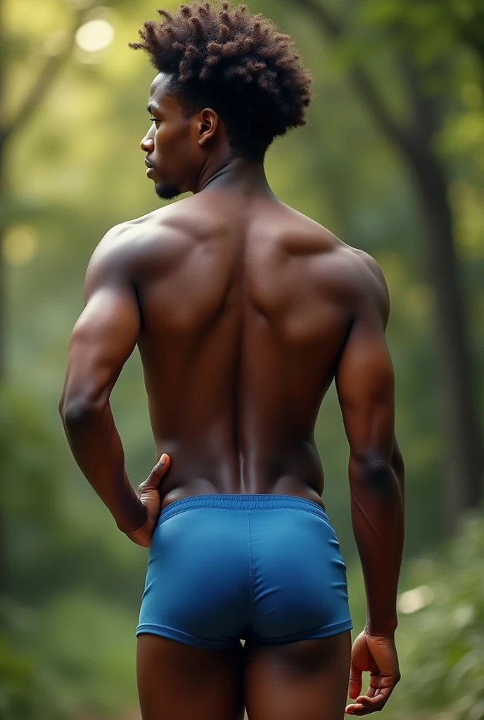 skinny biracial boy with bubble butt, 21 years old, curly afro, high detail, full body, photography, homoerotic, perfect face, skinny, lean, 8k, realistic, ultra hd, realistic, vivid colors, highly detailed, perfect composition, beautifully detailed intricate insanely detailed, 8k artistic photography, soft natural volumetric cinematic perfect light, huge manly bubble butt, highly detailed and perfect face, realistic hands, blue shorts, from the back