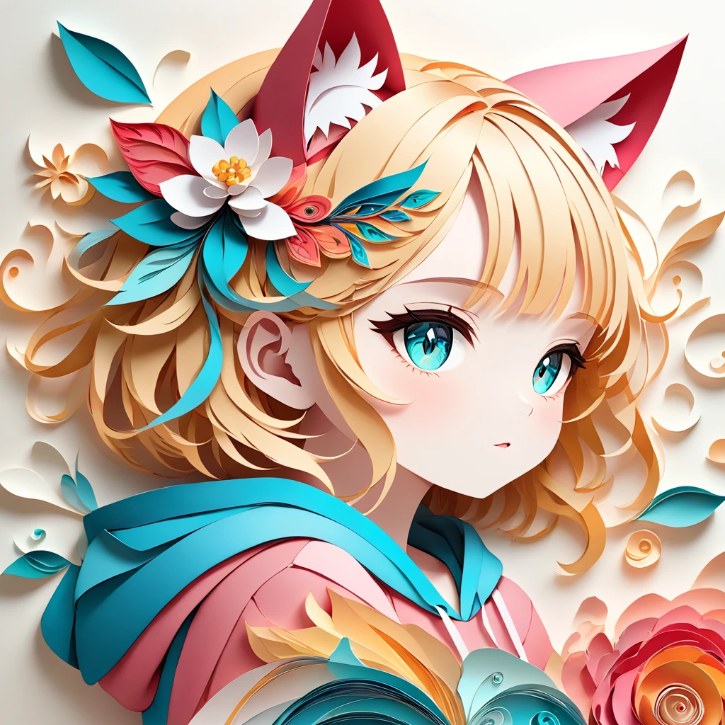 Paper cutting art,(Flat paper cutout,Paper Art,layered Paper Art,Paper Quilting, Digital Art),against a pure white background, girl,Blonde Hair Color、Cat ears of the same color as the hair、Big white flower hair ornament、Turquoise Eyes、Pink short sleeve hoodie、(Attention to detail, masterpiece, Highest quality, Ultra-high resolution)