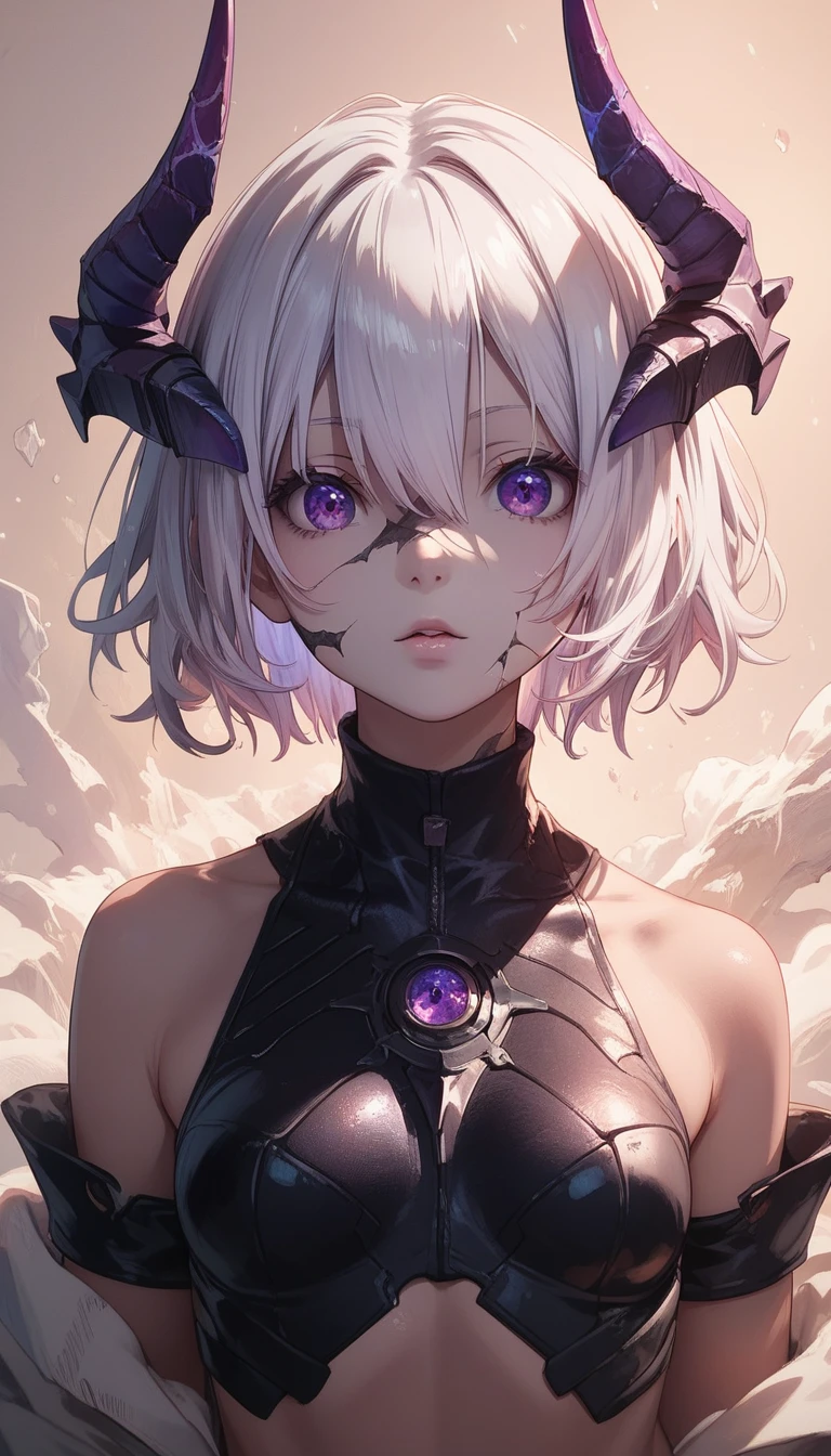 4k portrait,machina,1 boy,muslce,sharp focus,colored skin,grey skin,cracked skin,short hair,white hair,hair over eyes,purple eyes,one eye revealing under hair, portrait,detailed skin,detailed eyes,menacing,headgear,horns,upper body,bare shoulders
