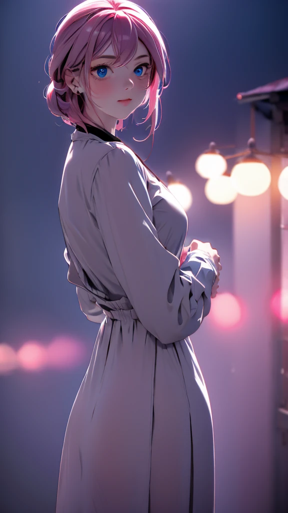 1 Girl , Girl medium light Pink hair, light gray&blue eyes, wearing black suit 4D, night town , high res, ultrasharp, 8K, masterpiece, looking from behind