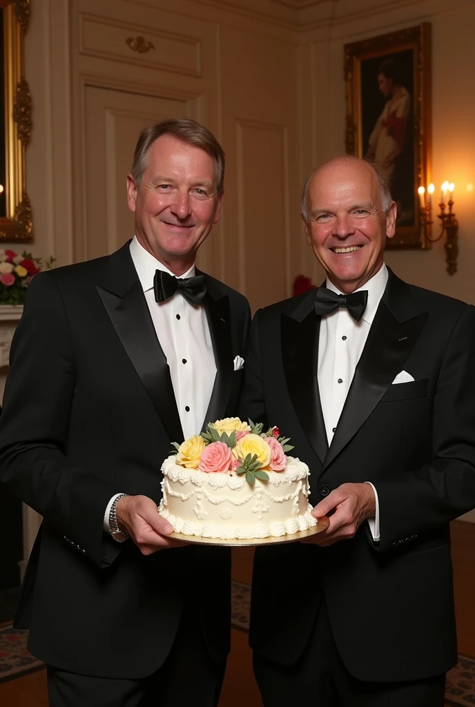 Create an image of Wriothesley and Neuvillette in elegant tuxedos, standing together and holding a beautifully decorated birthday cake. The setting is a classy, festive room with subtle decorations and soft lighting that highlights the celebratory atmosphere.