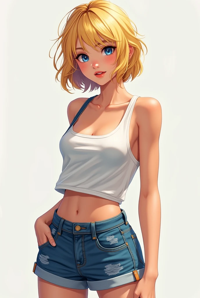Create a 17 year old female with short blonde hair wearing short back shorts