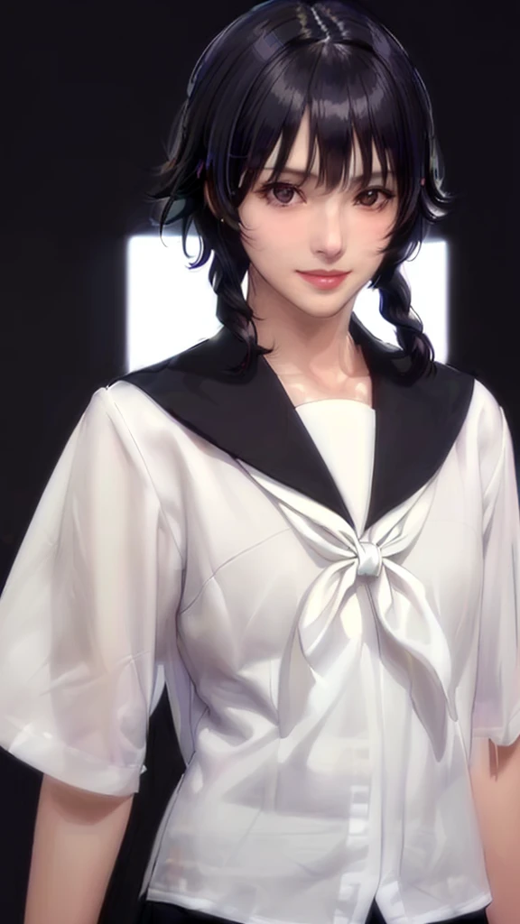 (((Perfect body,White and tender skin,(((JK_style,short-sleeved JK_shirt,short-sleeved JK_sailor,JK_suit,JK_tie ))),(((sui-feng, short hair, short hair with long locks,Black hair))),((masterpiece)),high resolution, ((Best quality at best)),masterpiece,quality,Best quality,((( Exquisite facial features,Looking at the audience,There is light in the eyes,Smile))),))),(((Light and shadow,Small chest,))),(((Looking at the camera,black background,)))),