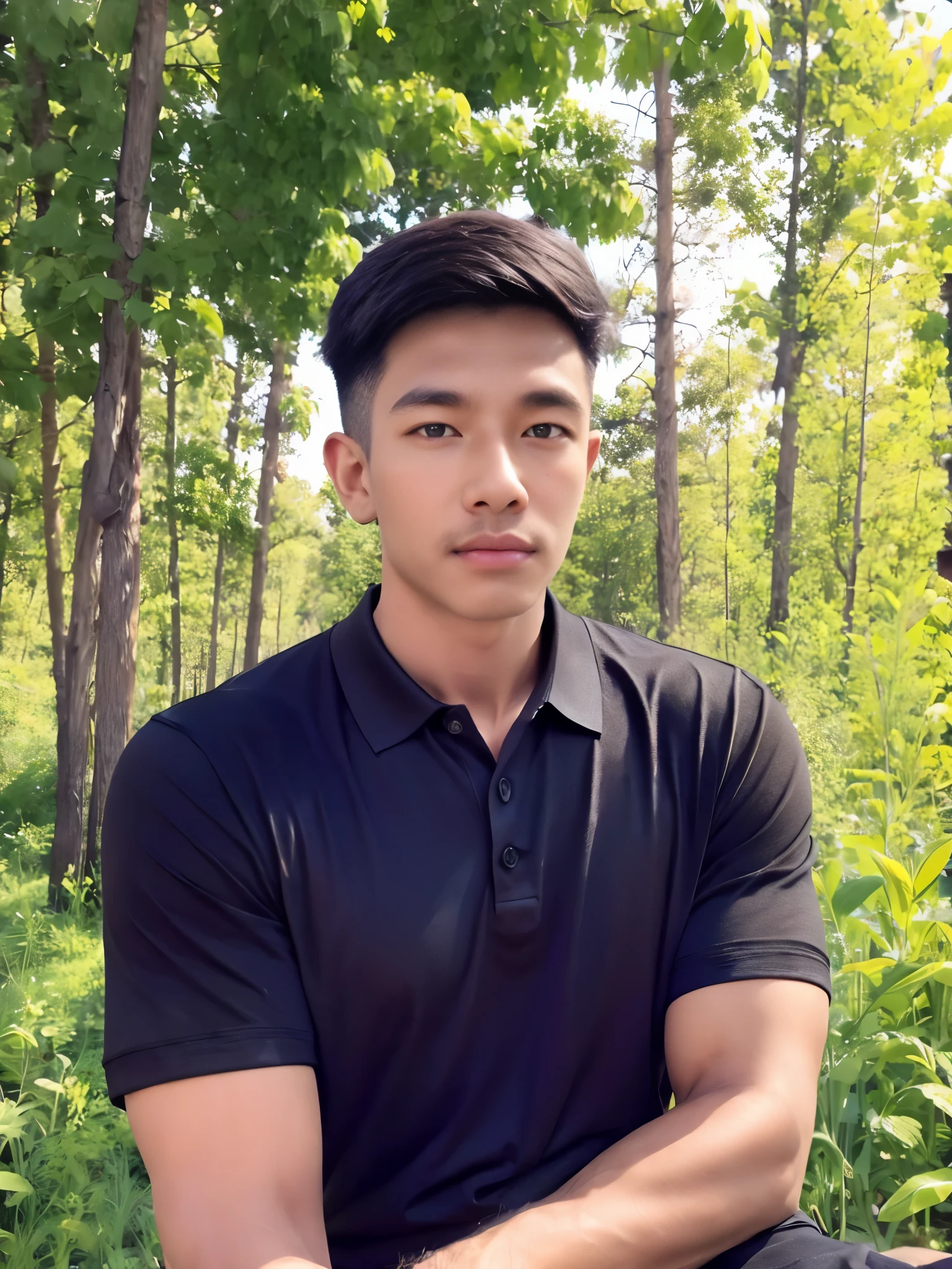 (old house:1.2), natural light countryside ,armface , Handsome young man standing, (have a mustache:1) ,(buzz cut:1.1), (short hair:1.2), The forearms are muscular., (Tight T-shirt:1.5),(black polo shirt:1.5), Jeans sitting in front of the house