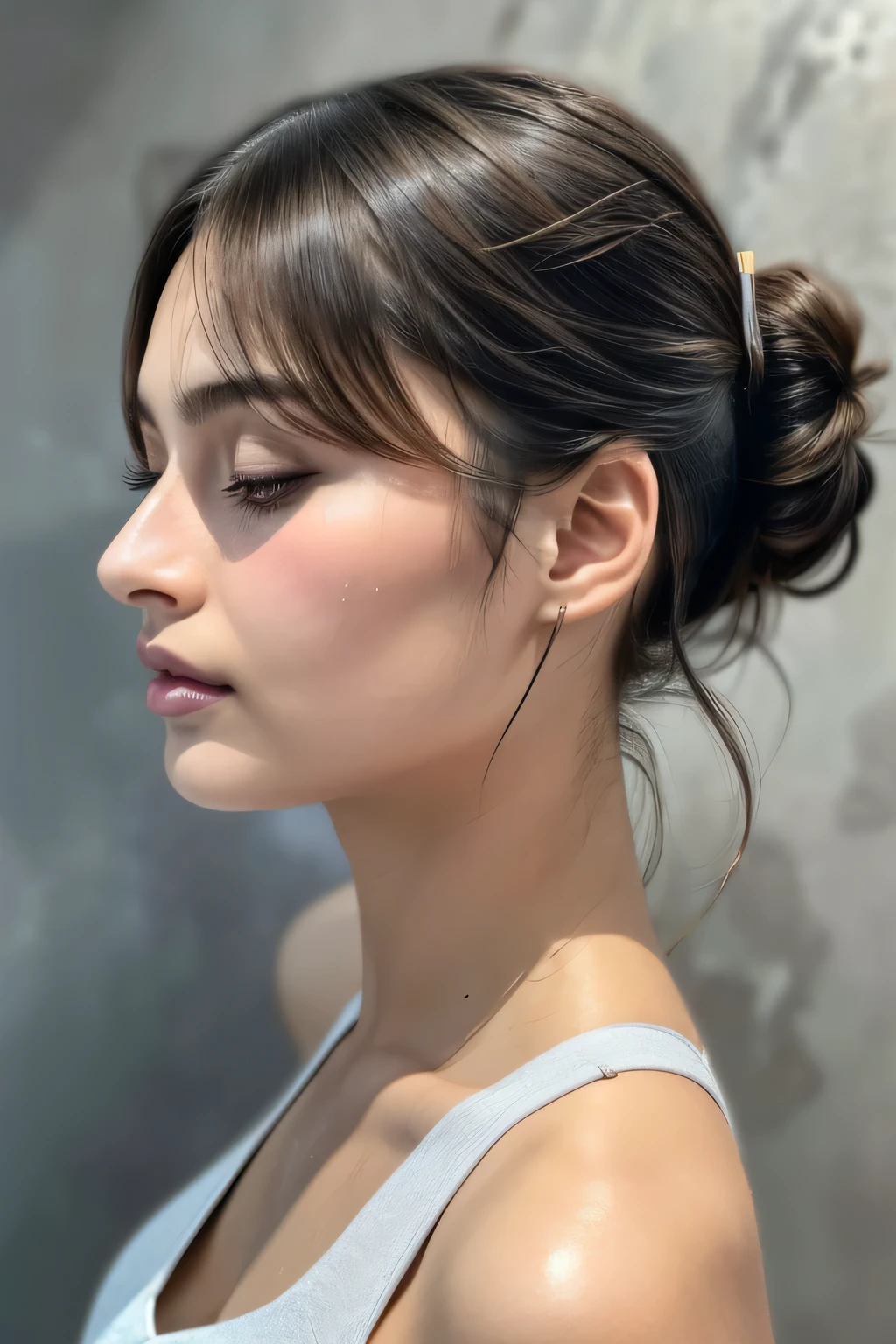 Taylor Hill、High resolution realistic photos,8k,Realistic skin texture,to be born々New People々々々々,1 girl,Tabletop,,Awards - Winning Photos, Very detailed, Close your eyes, Nose and mouth,Face Focus, Extreme close up of face、Woman with open mouth and closed eyes, Black camisole、20-year-old,Black-haired、Symmetrical face,Realistic nostrils、Angle from below、Elongated C-shaped nostrils,((Gray background))、Sweaty skin、Lighting that highlights glowing skin caused by sweat、((Sharp Nose))Skin shiny with sweat、Glowing Skin、Sweaty hair、sunlight、(Brow wrinkles)((Frowning))、((Thin eyebrows))((Oily skin、Glowing Skin))、double eyelid、Tied Hair、updo、Lift your head((Super wet skin))(((Profile with a wide nasal septum,nasal septum,profile)))