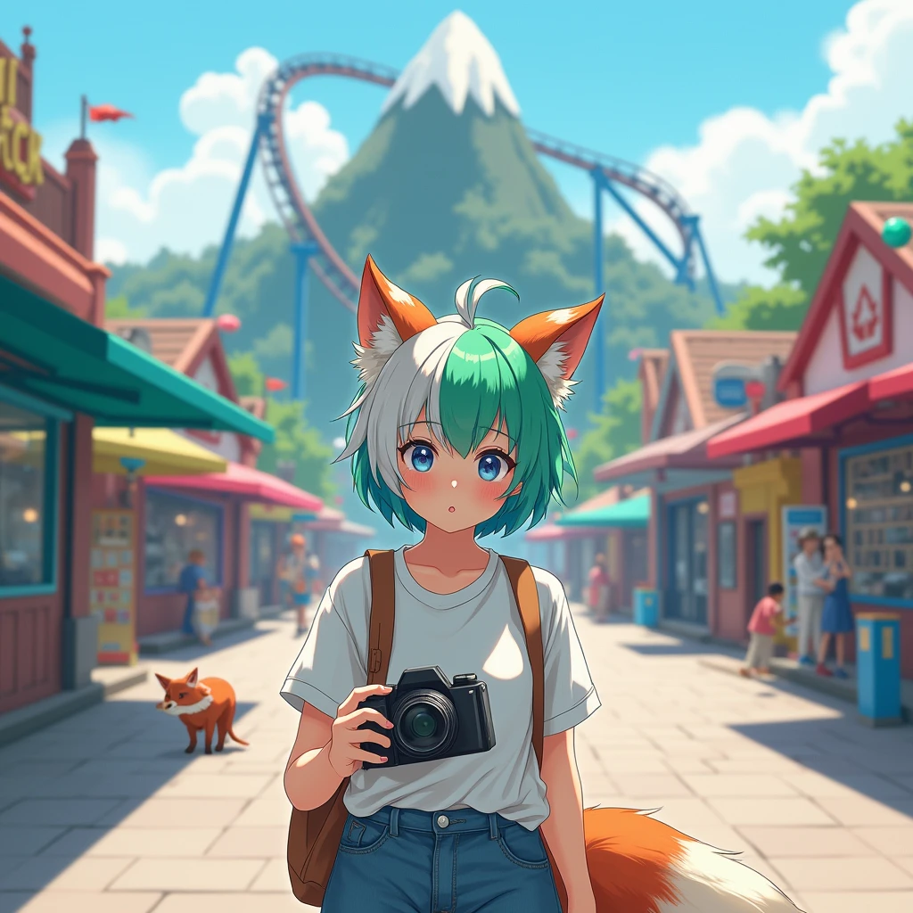 Create an outdoor adult japanese style portrait of a 28 year old Non-Binary person with short messy hair that is blue on one side and green on the other with shaved sides, wearing cute little fox ears. They are holding a digital video camera. They are dressed in tomboy fashion and look slightly masc, and standing in an amusement park that has a small mountain in the background with a rollercoaster around it (Canadas Wonderland). Shops and games on either side of the walkway they are on. Have a red fox companion visible somewhere in the image.