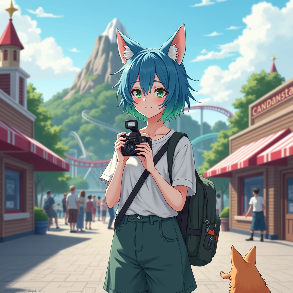 Create an outdoor adult japanese style portrait of a 28 year old Non-Binary person with short messy hair that is blue on one side and green on the other with shaved sides, wearing cute little fox ears. They are holding a digital video camera. They are dressed in tomboy fashion and look slightly masc, and standing in an amusement park that has a small mountain in the background with a rollercoaster around it (Canadas Wonderland). Shops and games on either side of the walkway they are on. Have a red fox companion visible somewhere in the image.
