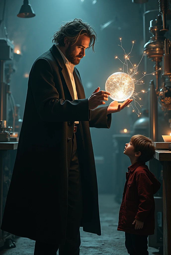 A scientist Person who wearing long coat with white shirt, holding a glass ball from where a electricity sparkle from it, near a boy