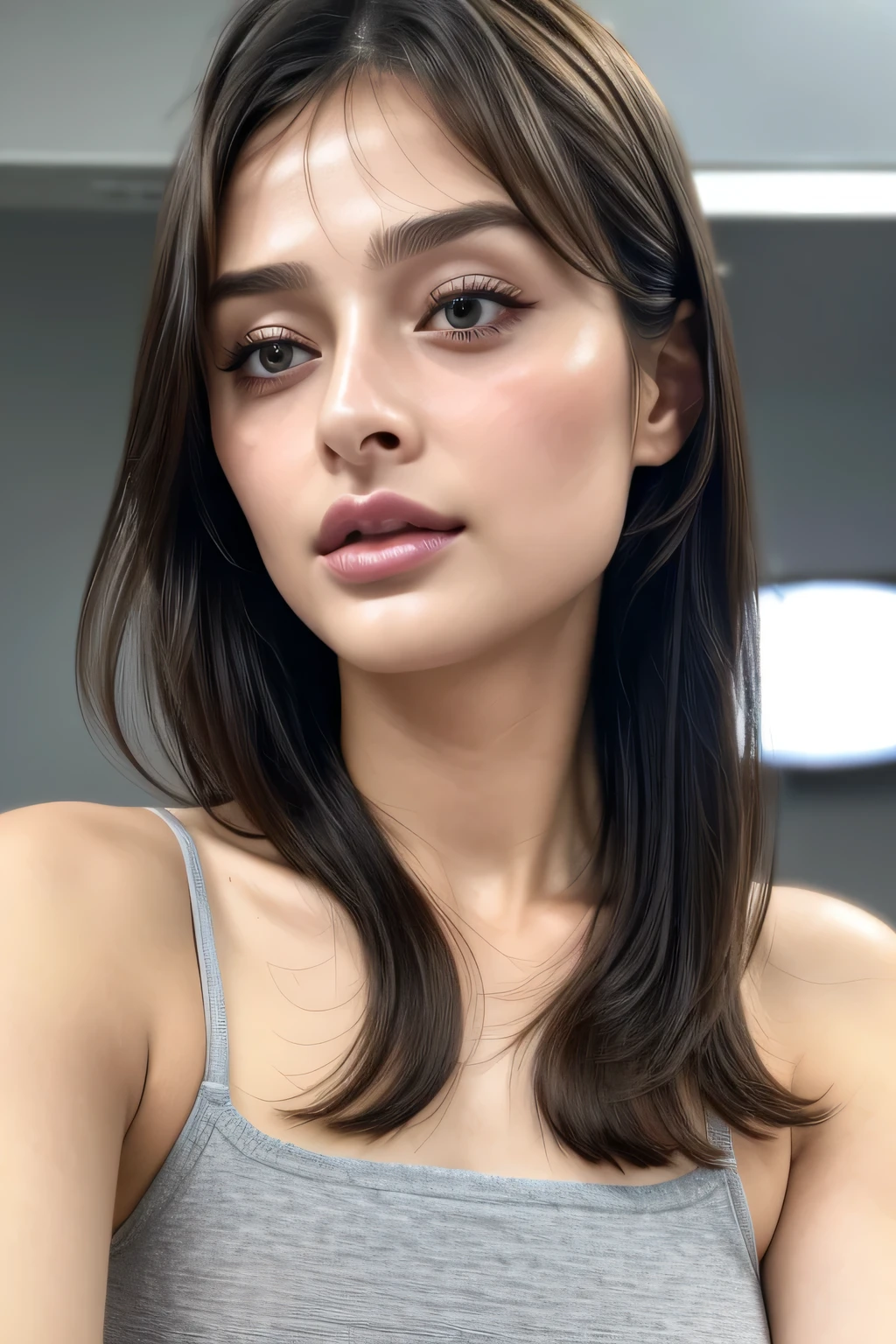 Taylor Hill、High resolution realistic photos,8k,Realistic skin texture,to be born々New People々々々々,1 girl,Tabletop,,Awards - Winning Photos, Very detailed, Close your eyes, Nose and mouth,Face Focus, Extreme close up of face、Woman with open mouth and closed eyes, Black camisole、20-year-old,Black-haired、Symmetrical face,Realistic nostrils、Angle from below、Elongated C-shaped nostrils,((Gray background))、Sweaty skin、Lighting that highlights glowing skin caused by sweat、((Sharp Nose))Skin shiny with sweat、Glowing Skin、Sweaty hair、sunlight、(Brow wrinkles)((Frowning))、((Thin eyebrows))((Oily skin、Glowing Skin))、double eyelid、Tied Hair、updo、Lift your head((Super wet skin))(((Profile with a wide nasal septum,nasal septum,profile)))