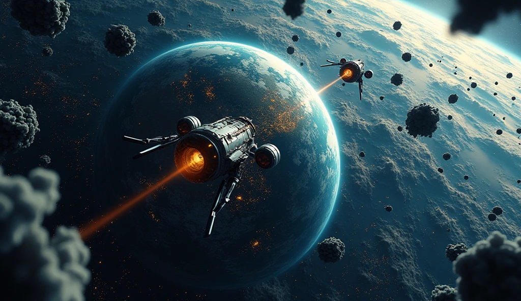 High resolution of inage of earth surrounded by a cloud of space debris and you can add futuristic spacecraft equipped with debris mitigation technology like robotic arm to collect space debris that are orbiting arohnd earth