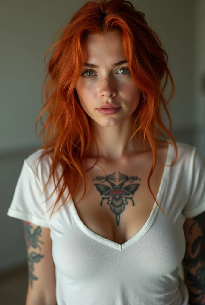 young busty redhead in a wet white t shirt with tattoos and nipples showing through the shirt