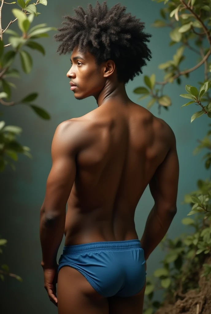 skinny biracial boy with bubble butt, 21 years old, curly afro, high detail, full body, photography, homoerotic, perfect face, skinny, lean, 8k, realistic, ultra hd, realistic, vivid colors, highly detailed, perfect composition, beautifully detailed intricate insanely detailed, 8k artistic photography, soft natural volumetric cinematic perfect light, huge manly bubble butt, highly detailed and perfect face, realistic hands, blue shorts, from the back