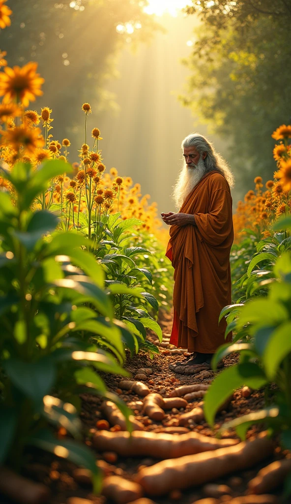 A hyperrealistic depiction of turmeric plants growing in a garden, with a wise, enlightened figure tending to them, surrounded by an aura of health, knowledge, and ancient wisdom