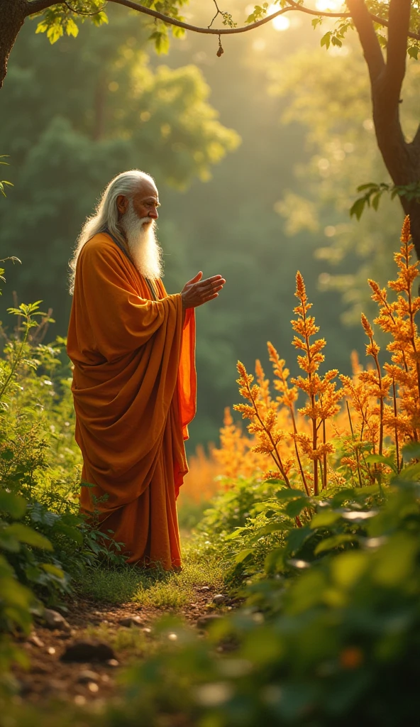 A hyperrealistic depiction of turmeric plants growing in a garden, with a wise, enlightened figure tending to them, surrounded by an aura of health, knowledge, and ancient wisdom
