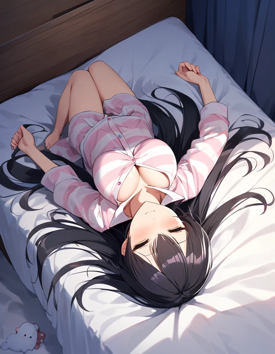 Girl,cute,cute,From above,whole body,Look up here,Embarrassed,Straight Hair,Long Hair,Black Hair,big breast photos,looking at the camera,sleepy,Lying in bed,Bedroom,night,pajamas