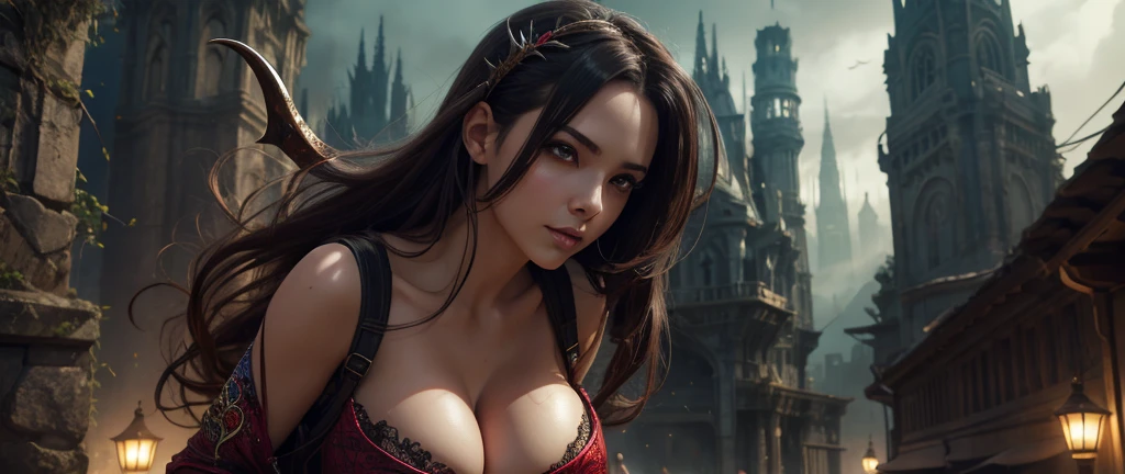 a wallpaper designed picture with a beautiful anime-style succubus woman, hyper detailed face, extremely detailed eyes and face, long flowing hair, really extreme oversized breasts, extreme detailed and realistic skin , sexy outdoor clothes, fantasy world, detailed clothing, realistic, high detailed, photorealistic, 8k, high quality, cinematic lighting, intricate details, vibrant colors, dramatic composition, horny