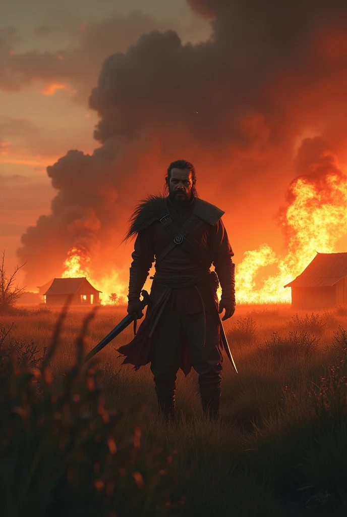 Grassland and dawn, burning village, man holding a sword