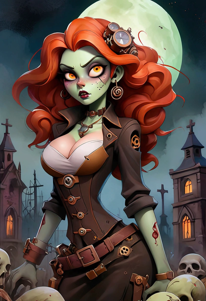 Steampunk style watercolor painting mixed with splashes of paint "Zombie, sexy zombie, sexy, seductive, charming, big breasts", scary graveyard background with other ghosts around.