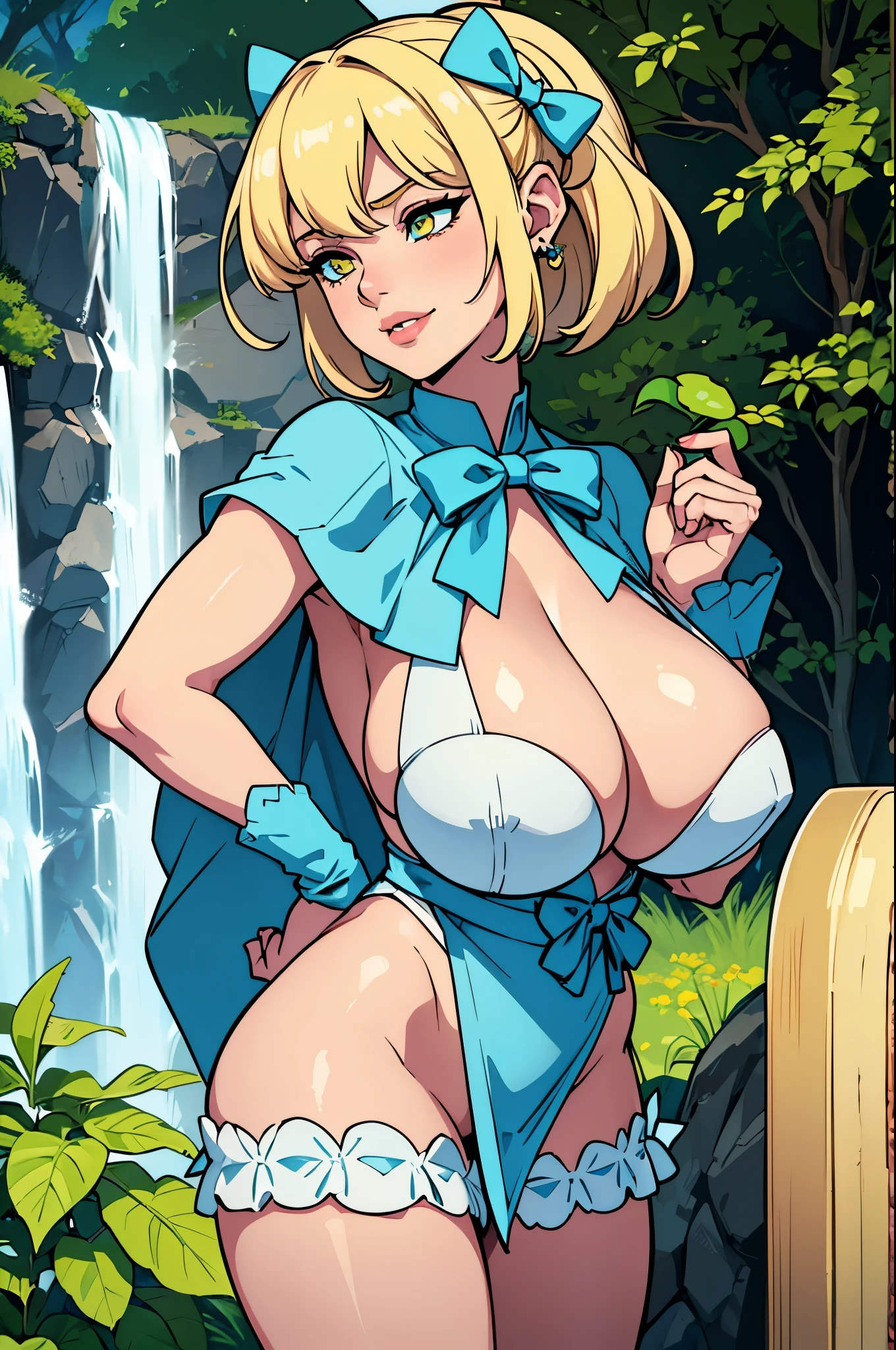 ultra HD, Eleven now , with gigantic breasts: 1.4 and blond hair , long ear, light blue and deep yellow eyes, Full lips, attractive, souriant, with a bow in their hands in their left hands, in general plant in a cascade