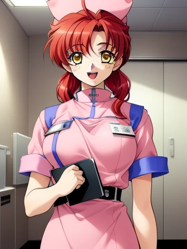 Rie Makino, One girl, alone, nurse, Redhead, Yellow Eyes, Hospital beds, Have, clipboard, belt, smile, Ahoge, nurse cap, big_chest,
masterpiece, expensive quality, very_expensive_solve, big_file size, Full Color,